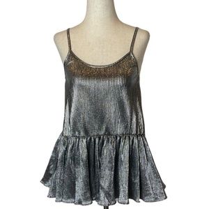 GIANNI BINI TOP BLOUSE CHANDELIER SPAGHETTI STRAP RIBBED PEPLUM SILVER SMALL